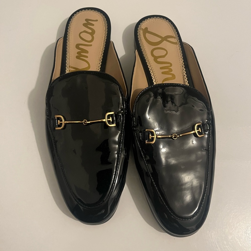 Sam Edelman Black Patent Loafers with Gold Accents
